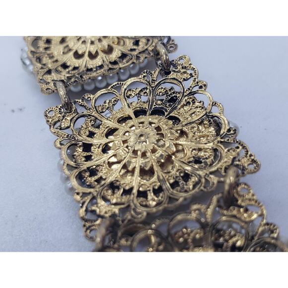 Vintage Filigree Bracelet Mother of Pearl MOP & Faux Pearl Accent Ornate - Picture 13 of 13